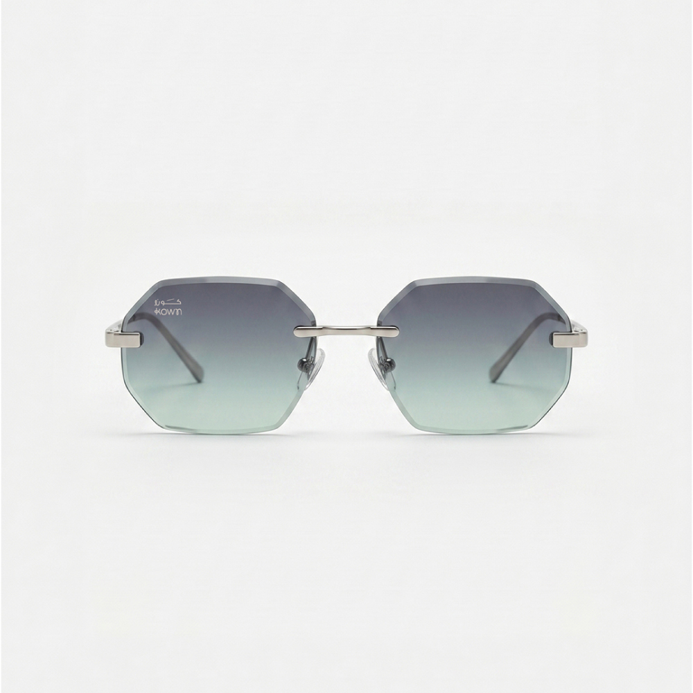 Aether-1 KOWN AETHER — rimless octagonal sunglasses with teal gradient lenses, front view