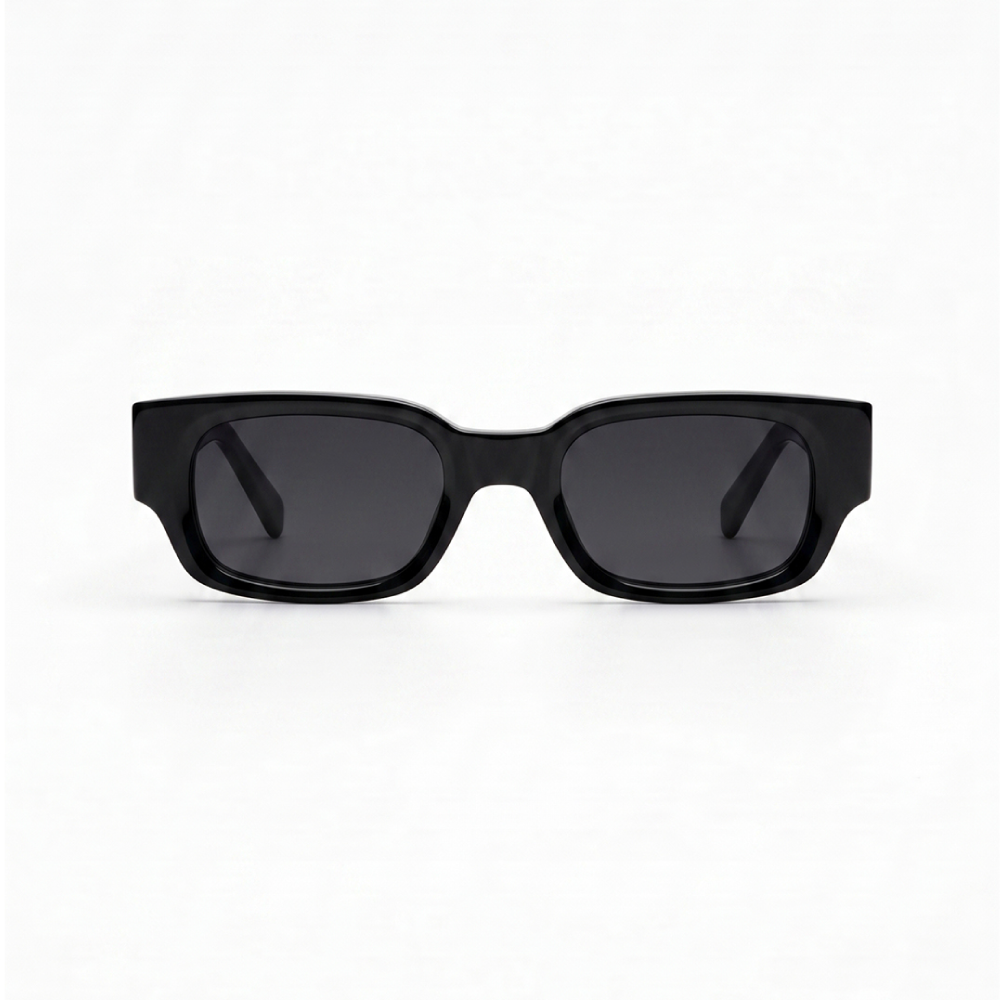 Aura-1 KOWN AURA — chunky black rectangular sunglasses with dark lenses, front view