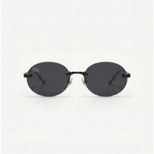 KOWN MIDNIGHT — rimless oval sunglasses in black metal with solid black lenses, front view
