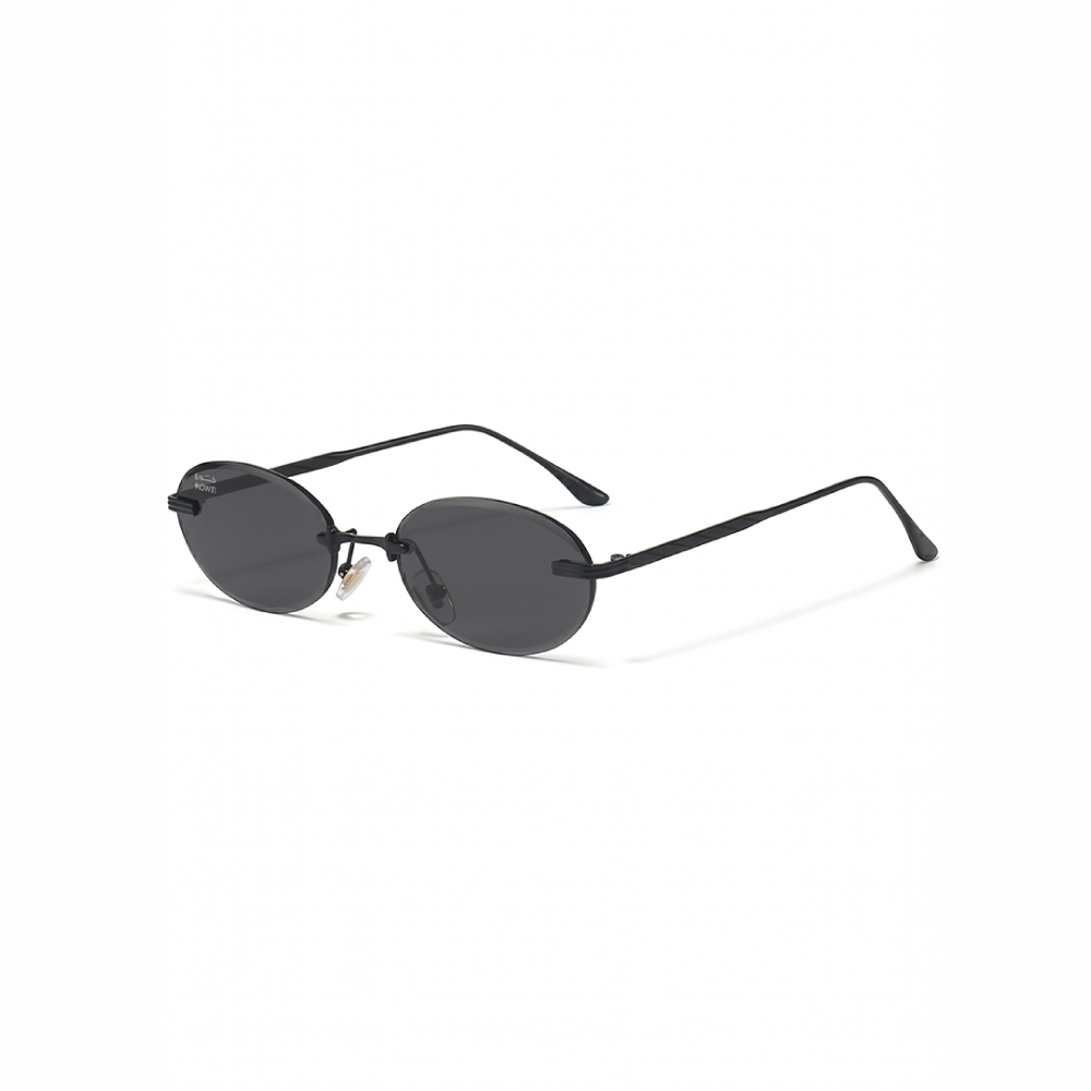 KOWN MIDNIGHT — rimless oval sunglasses in black metal with solid black lenses, three-quarter view