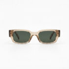 KOWN MIRA — translucent champagne rectangular sunglasses with bottle-green lenses, front view