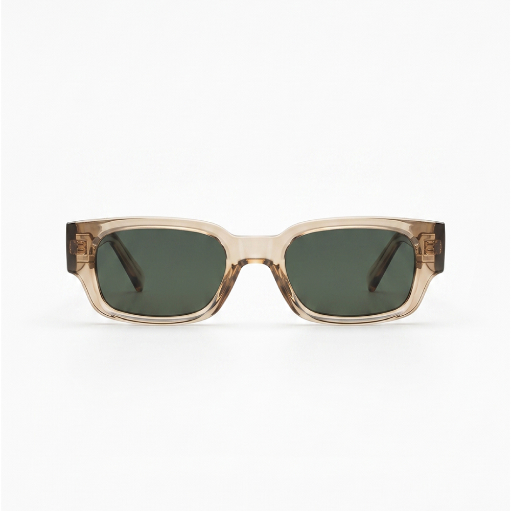 Mira-1 KOWN MIRA — translucent champagne rectangular sunglasses with bottle-green lenses, front view