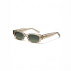 KOWN MIRA — translucent champagne rectangular sunglasses with bottle-green lenses, three-quarter view