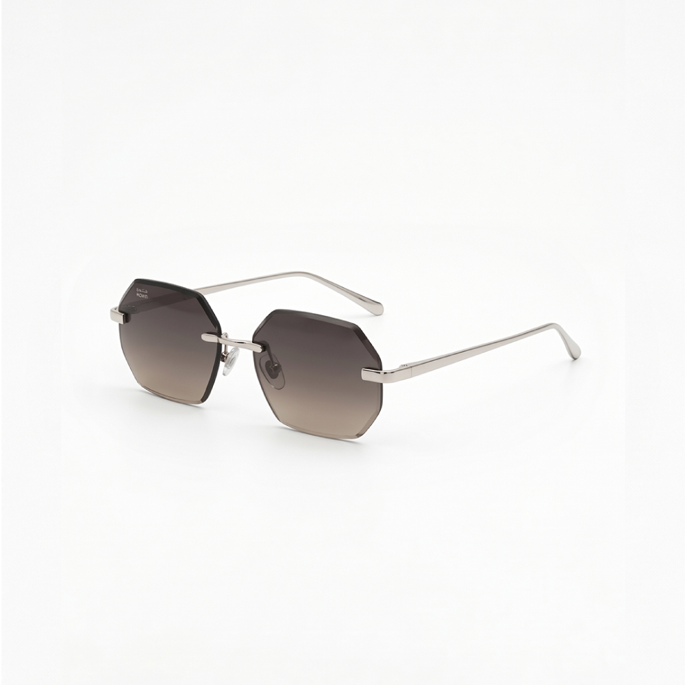 KOWN MOCHA — rimless octagonal sunglasses with brown gradient lenses, three-quarter view