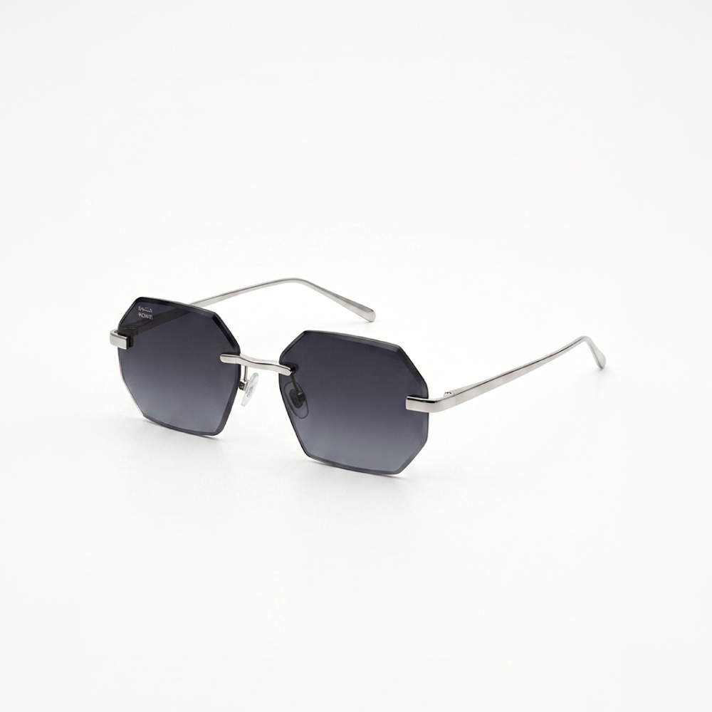 KOWN NOIR — rimless octagonal sunglasses with solid black lenses, three-quarter view