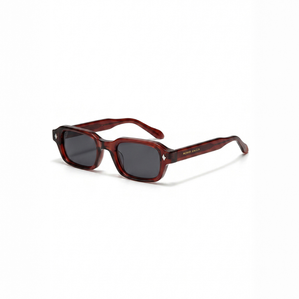 KOWN SIENNA — oxblood rectangular sunglasses with dark lenses, three-quarter view